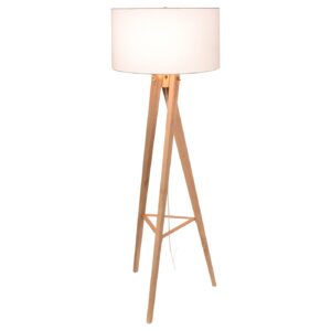 Product photography image of a wooden tripod lamp on a white background.