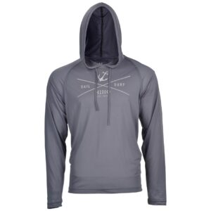 Product photo of a grey hooded sweatshirt with a white logo that says sail, surf, hiho, Est. 1979 on a white background.