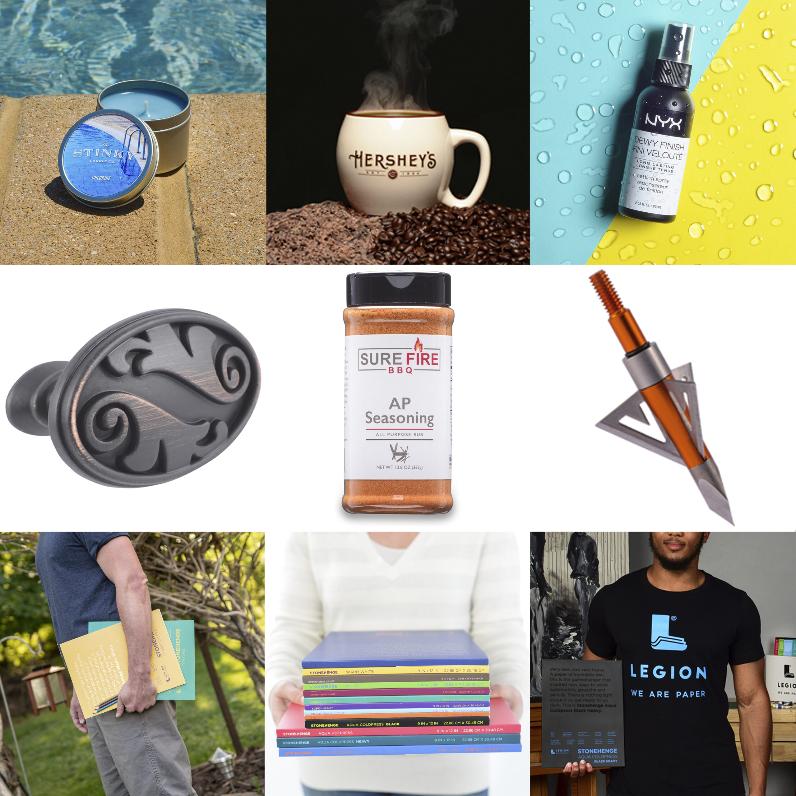 Collage of images photographed by Skupics Studios. Includes on-white, lifestyles, in-use, and model photography